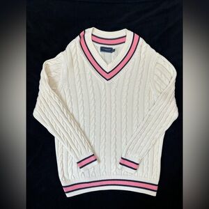 Vineyard Vines Varsity V-Neck Cotton Sweater Cream and Pink Cable Knit Sz L